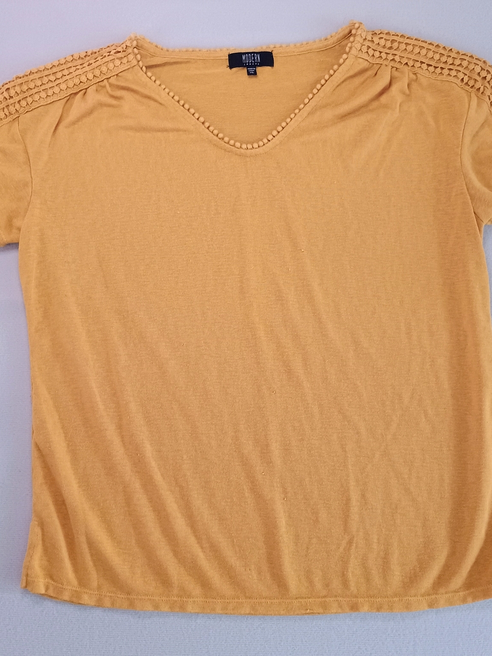 Modern Canvas V-Neck Crochet Shoulder Top in Mustard Xl
